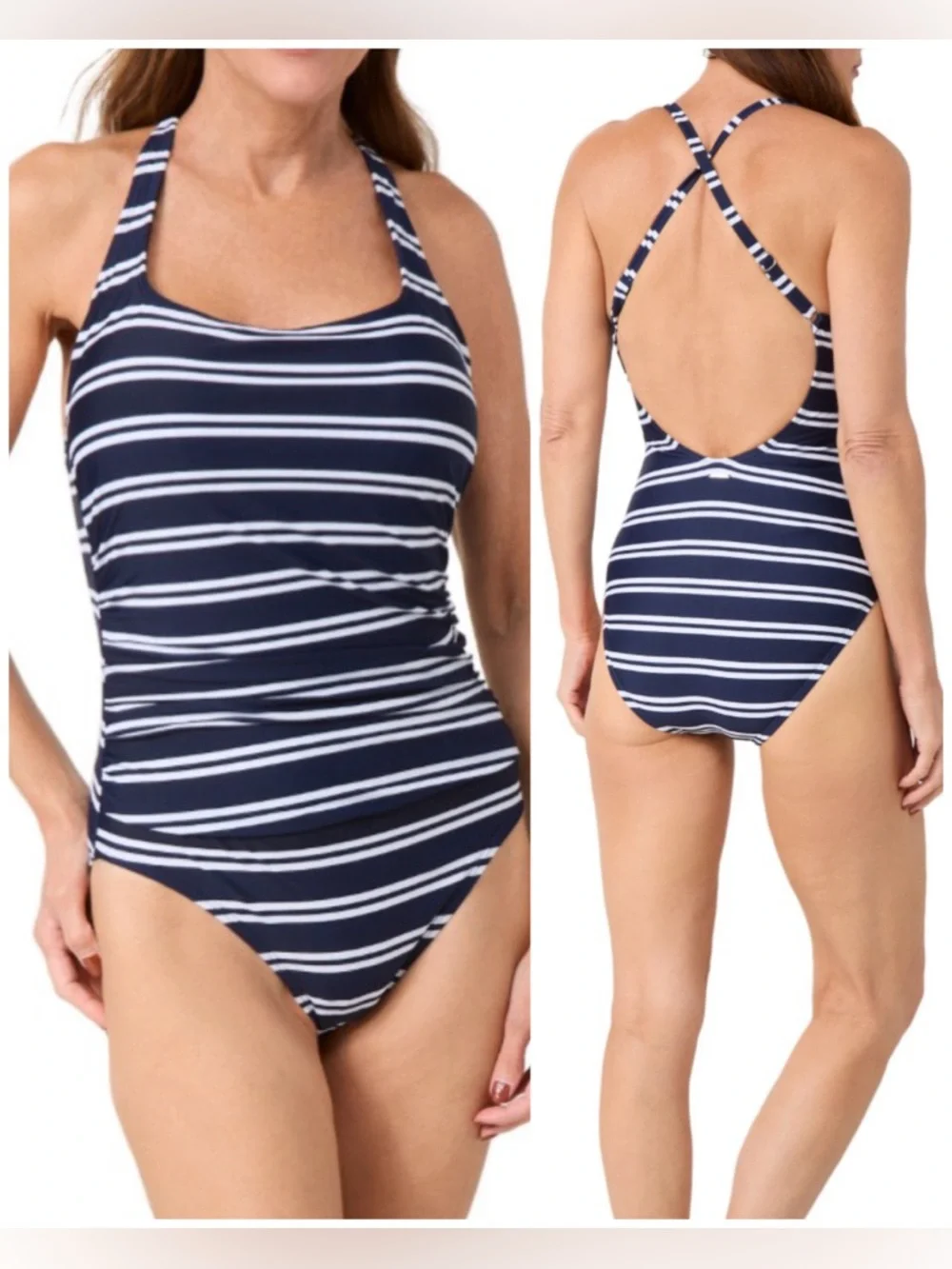 NWT Nautica Navy White Striped Nautical One Piece Cape Cod Swimsuit Size Large - Picture 1 of 14